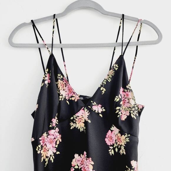Zara Black Floral Satin Effect Midi / Maxi Slip Dress Spaghetti Straps Large - Picture 7 of 11